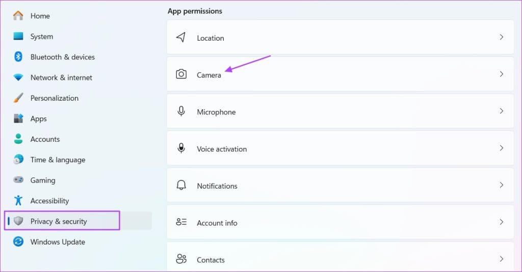 Camera option in the Settings menu. - 6