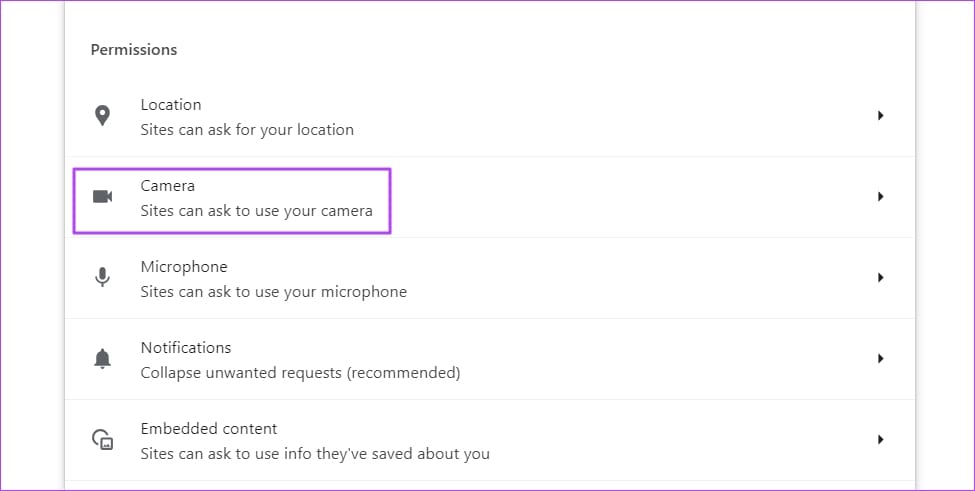 Camera option in the Site Settings window. - 3