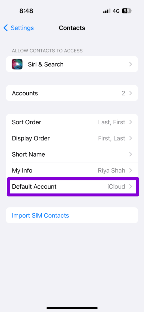 Change Default Account for Contacts on iPhone