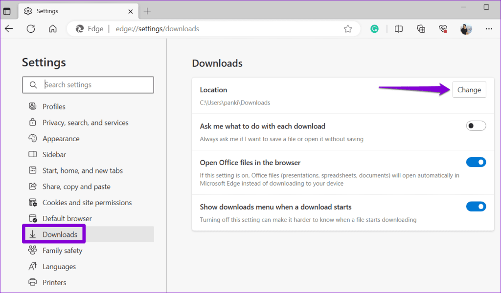 Change Download Location in Edge