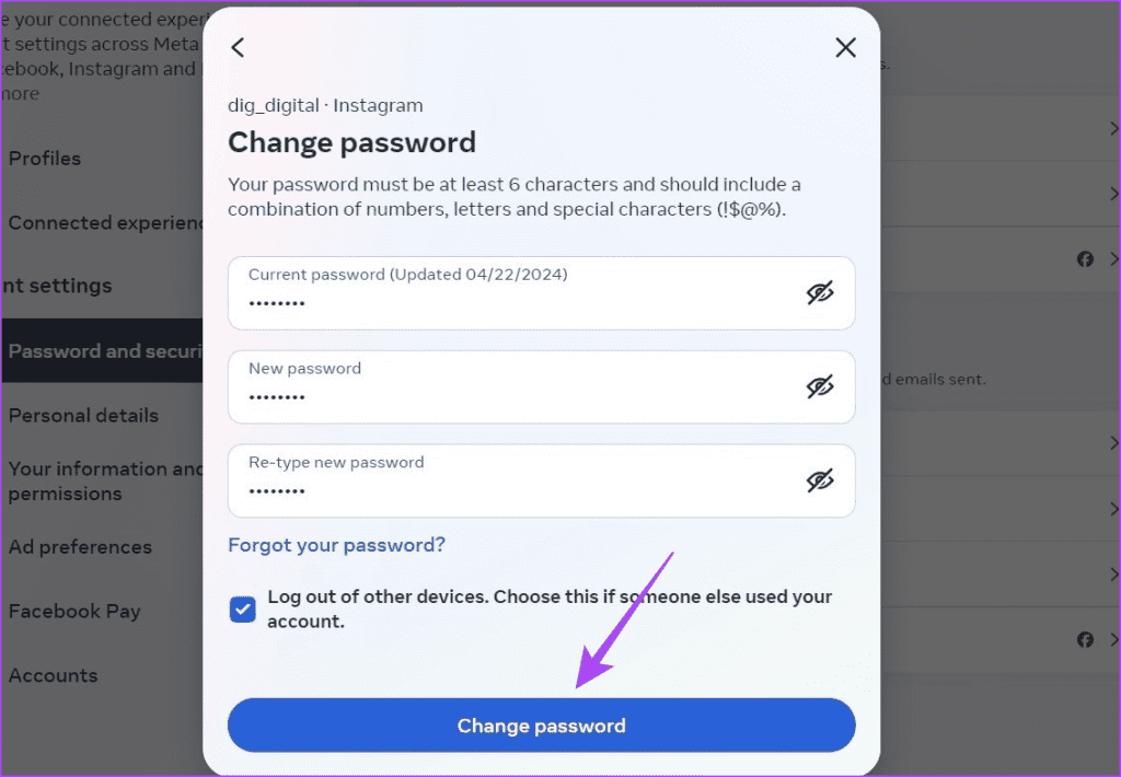 Change Instagram Password on Desktop