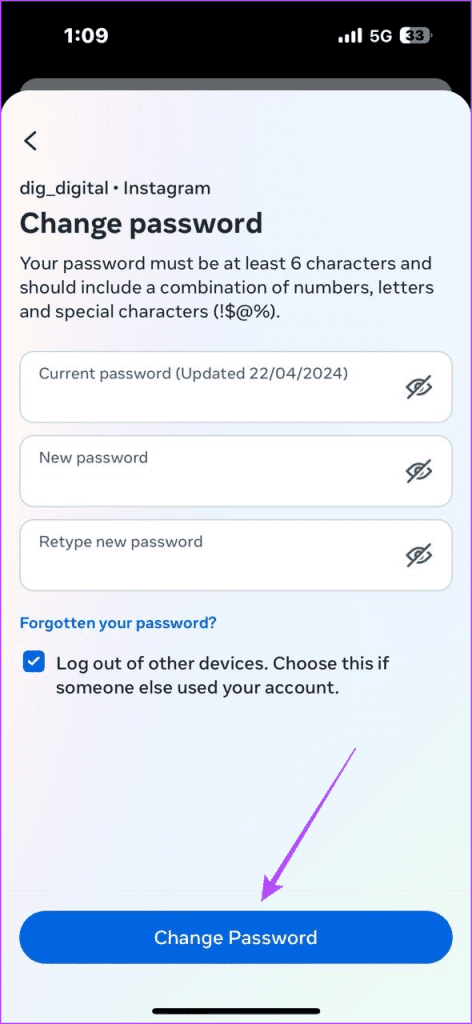 Change Instagram Password on iPhone