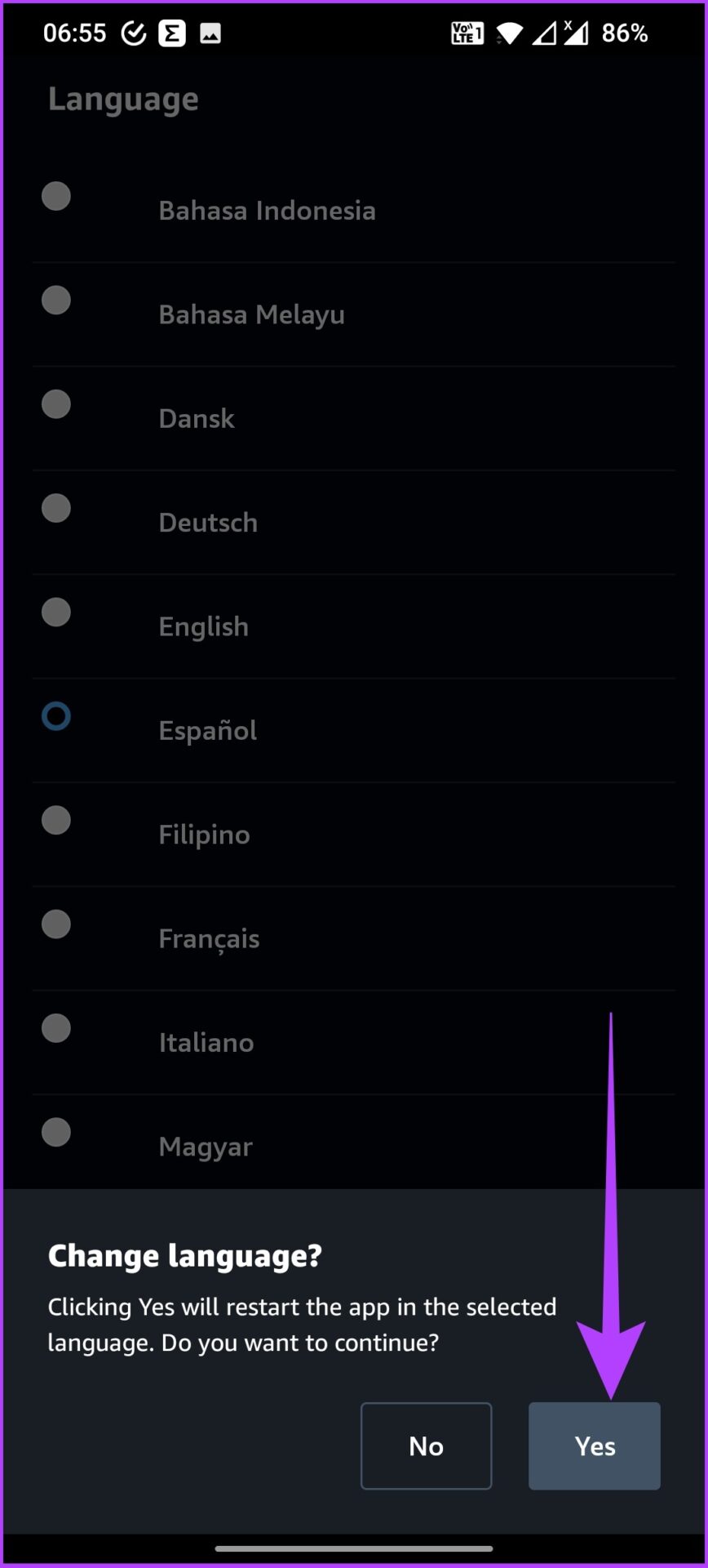 Tap Yes for language prime video settings