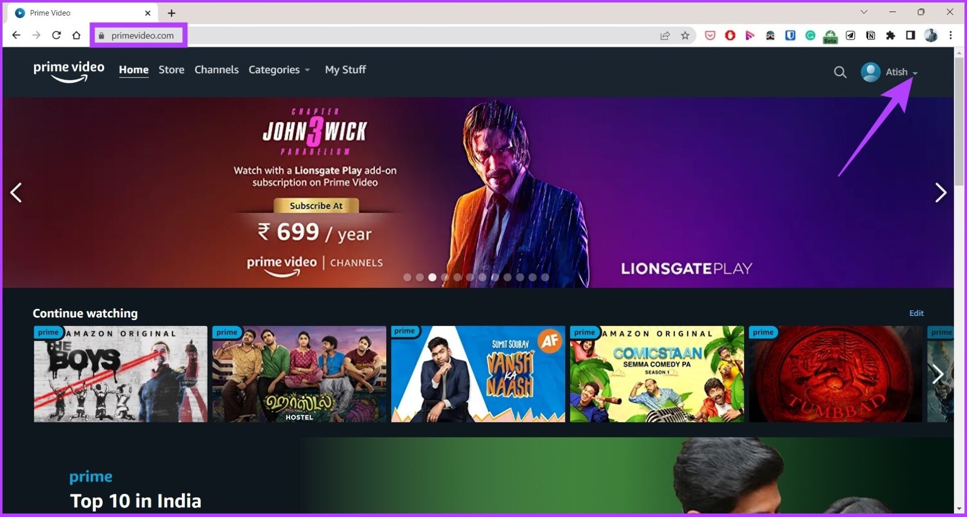 Open Prime Video on your web browser