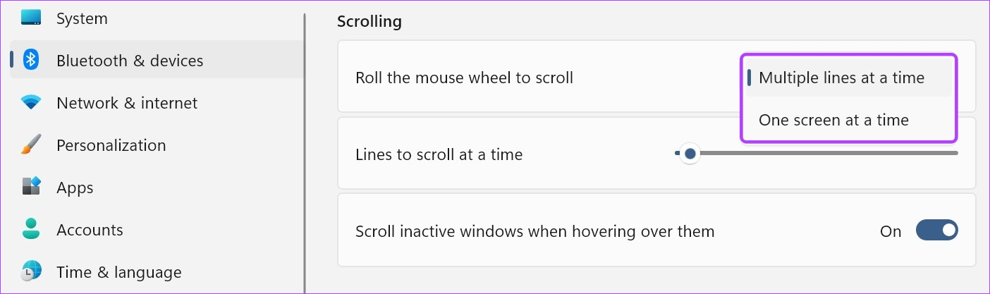 Select the relevant scrolling setting