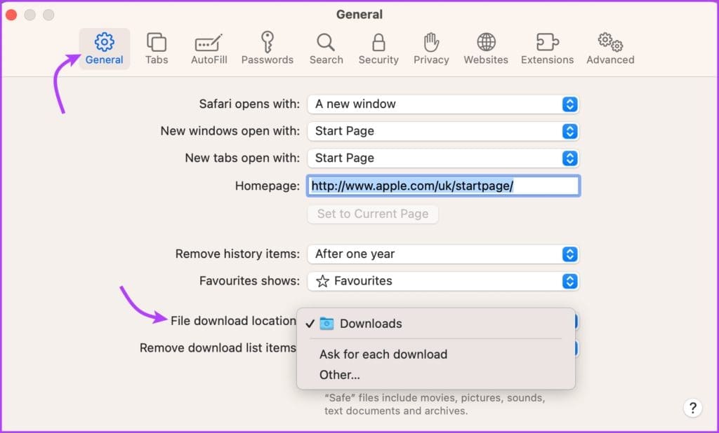 Select the Safari download location on Mac 