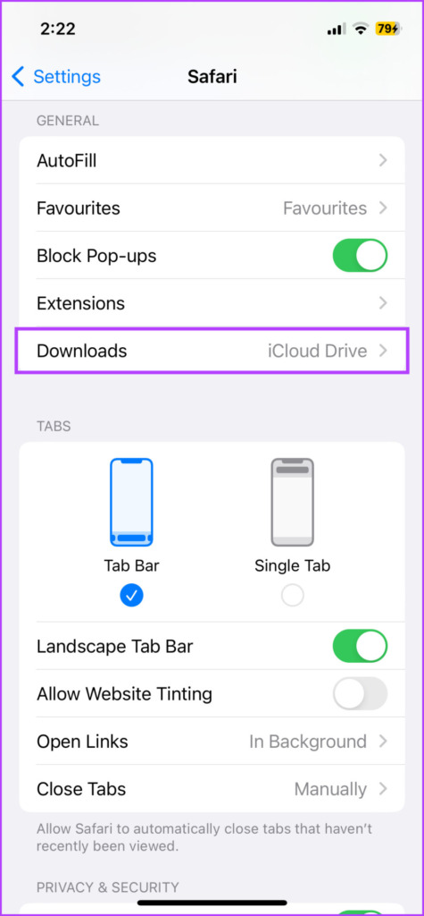 Tap Downloads to change Safari download location