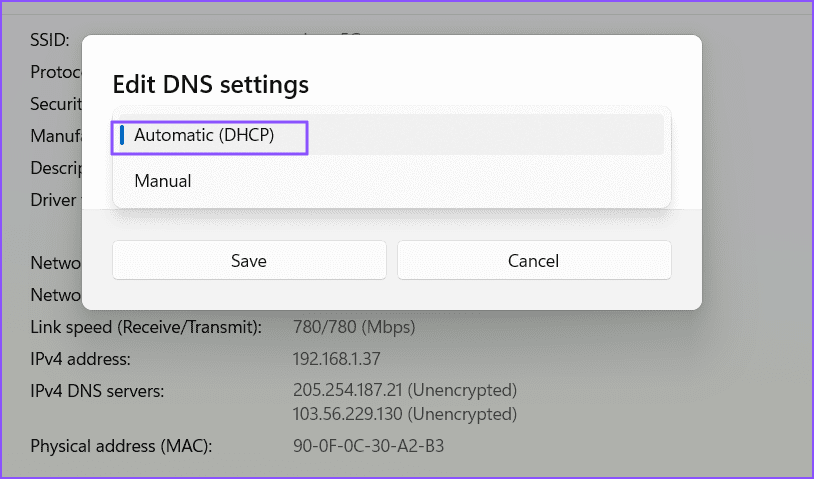 Change Wifi DNS server assignment in Windows