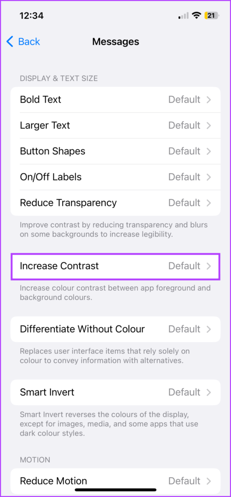 Select increase contrast to change iMessage bubble color