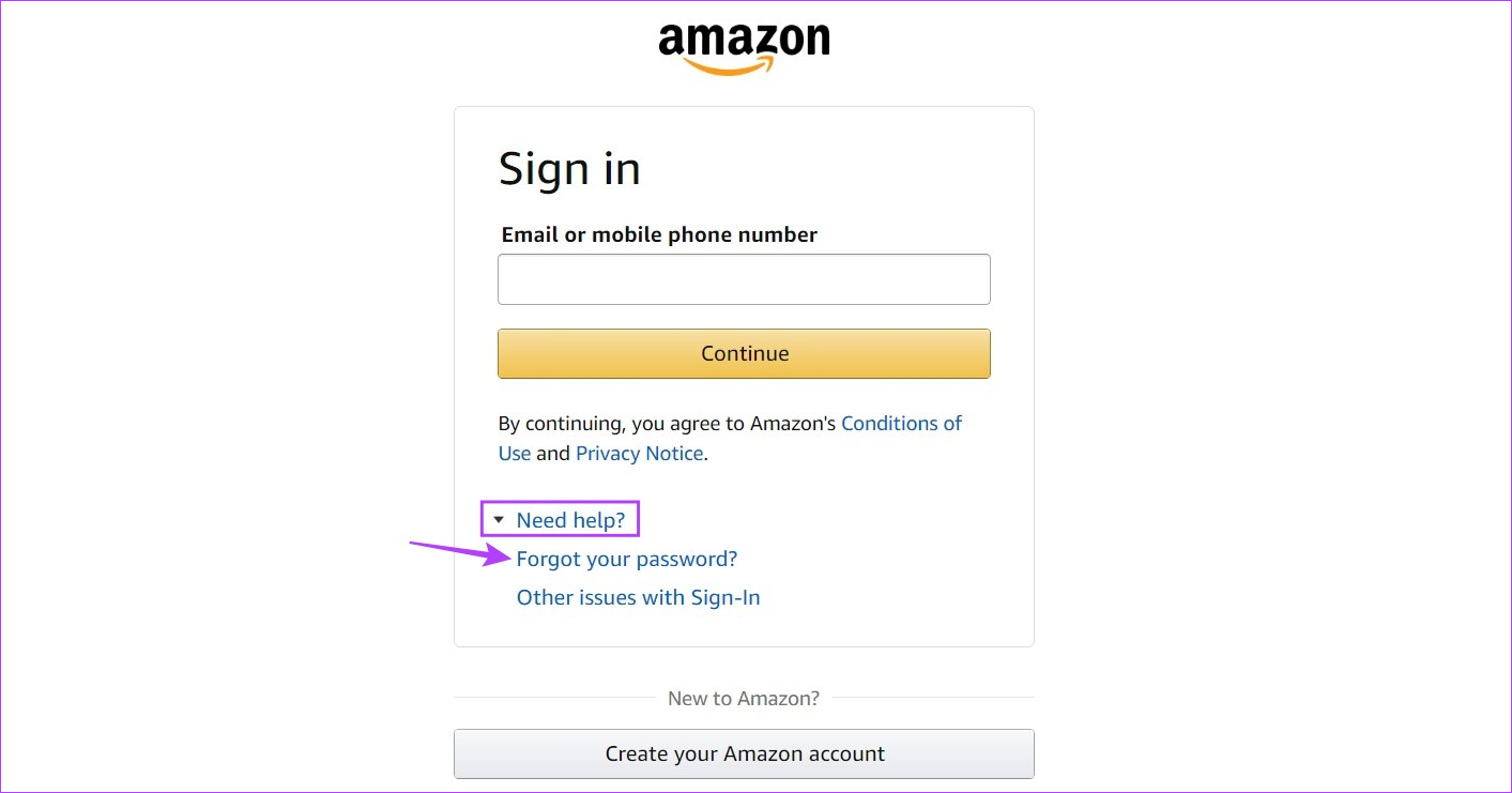 Open reset password page on Amazon