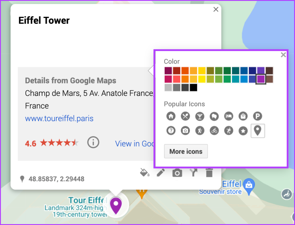 Select the color and icon in My Maps