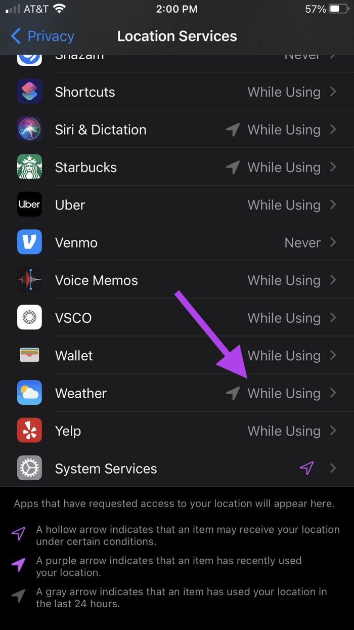 Check Location Service Settings fo Weather App