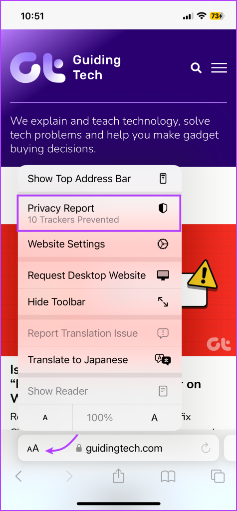 Tap aa and select Privacy Report