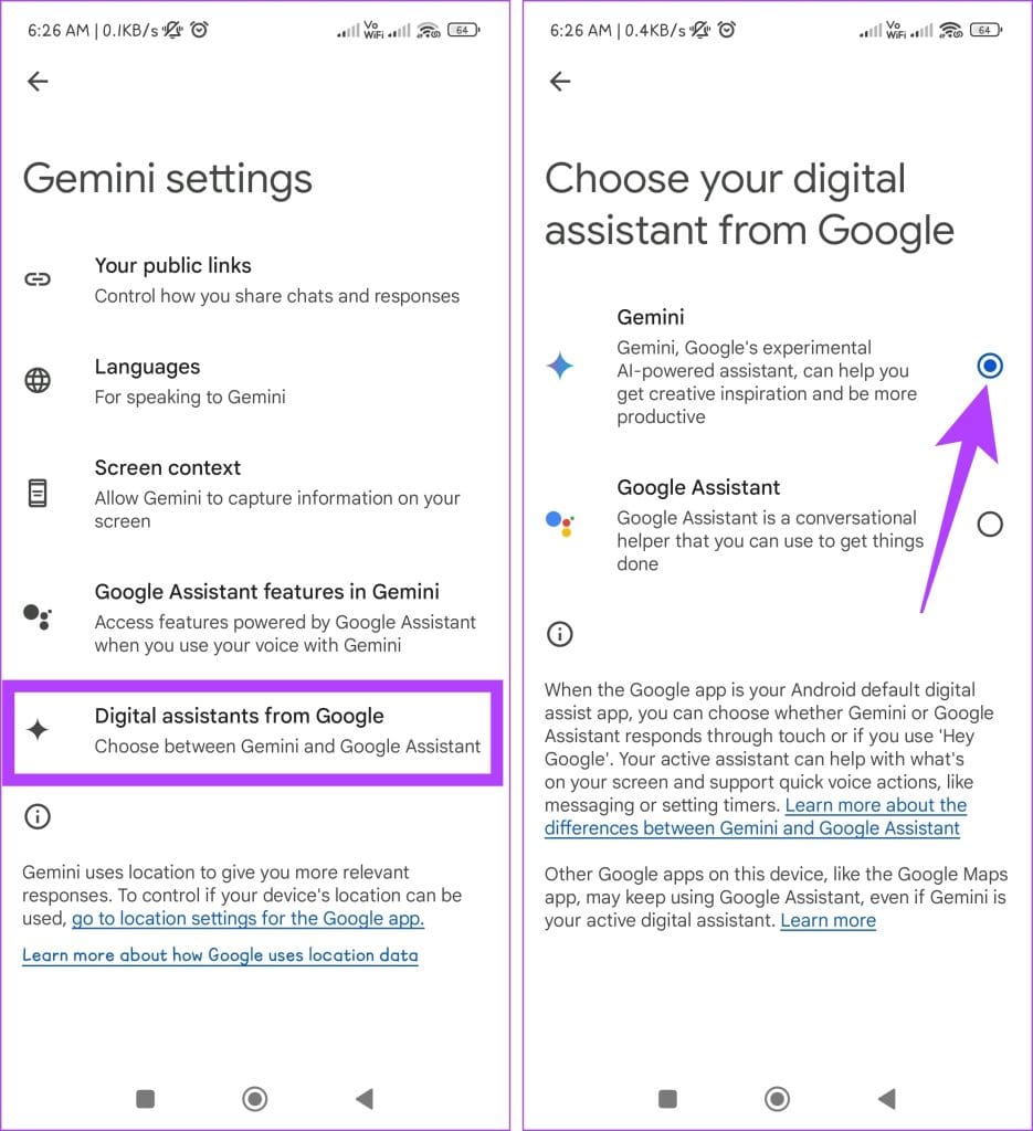 Choose Digital assistants from Google and ensure that Gemini is selected