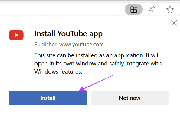 Choose Install to add web apps using Edge