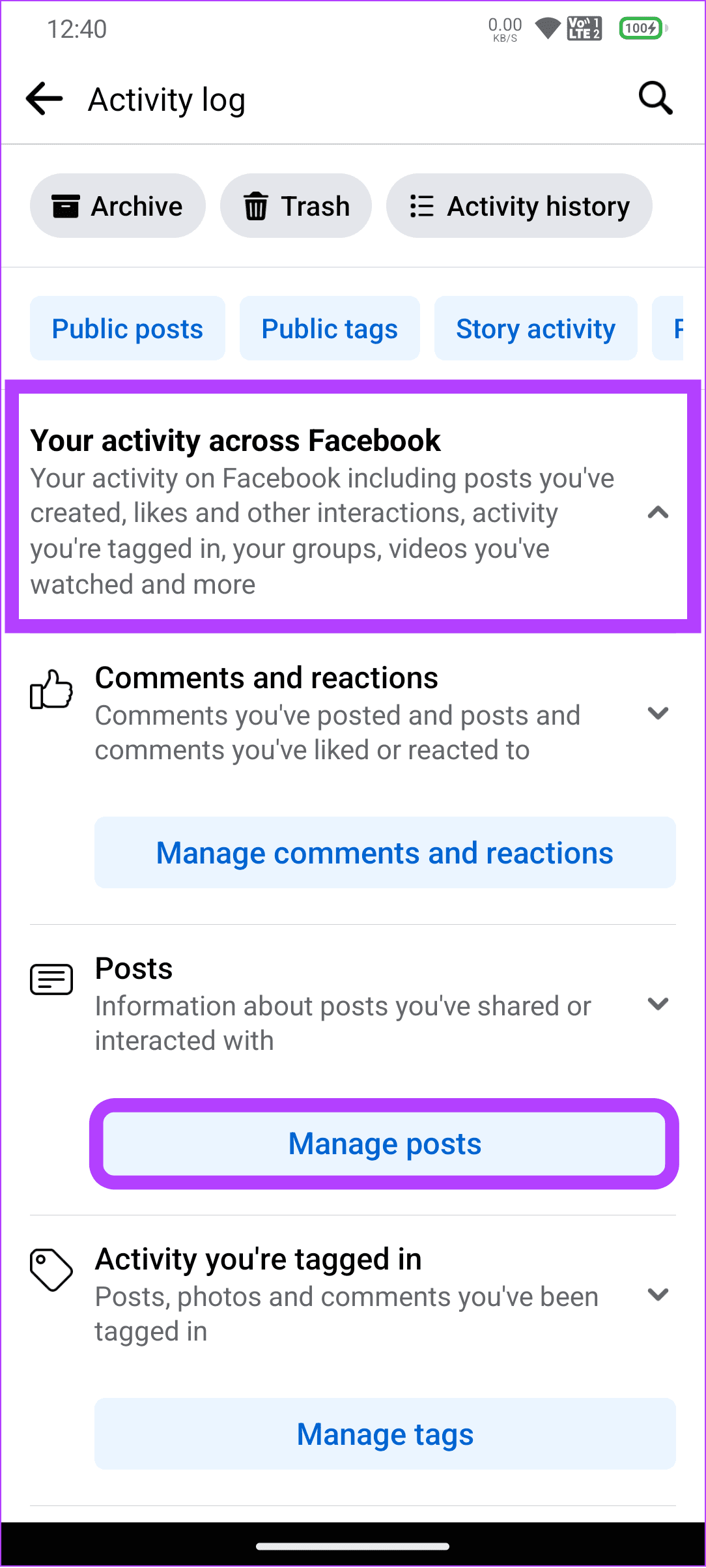 Choose activity and select posts