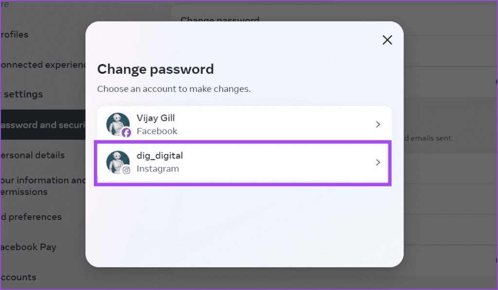 Choose an Instagram account to make changes on Desktop