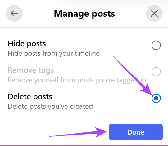 Choose delete posts and click Done