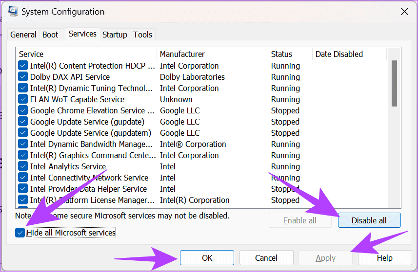 Choose hide all microsoft services and select Disable all to followerd by ok and Apply