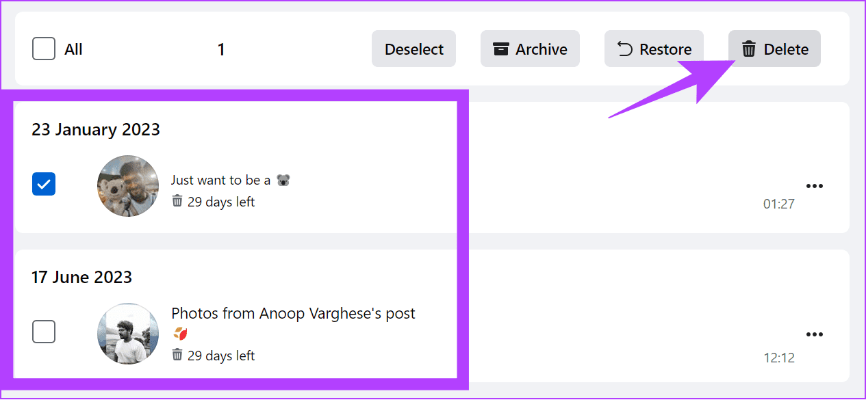 Choose the posts to delete and click Delete