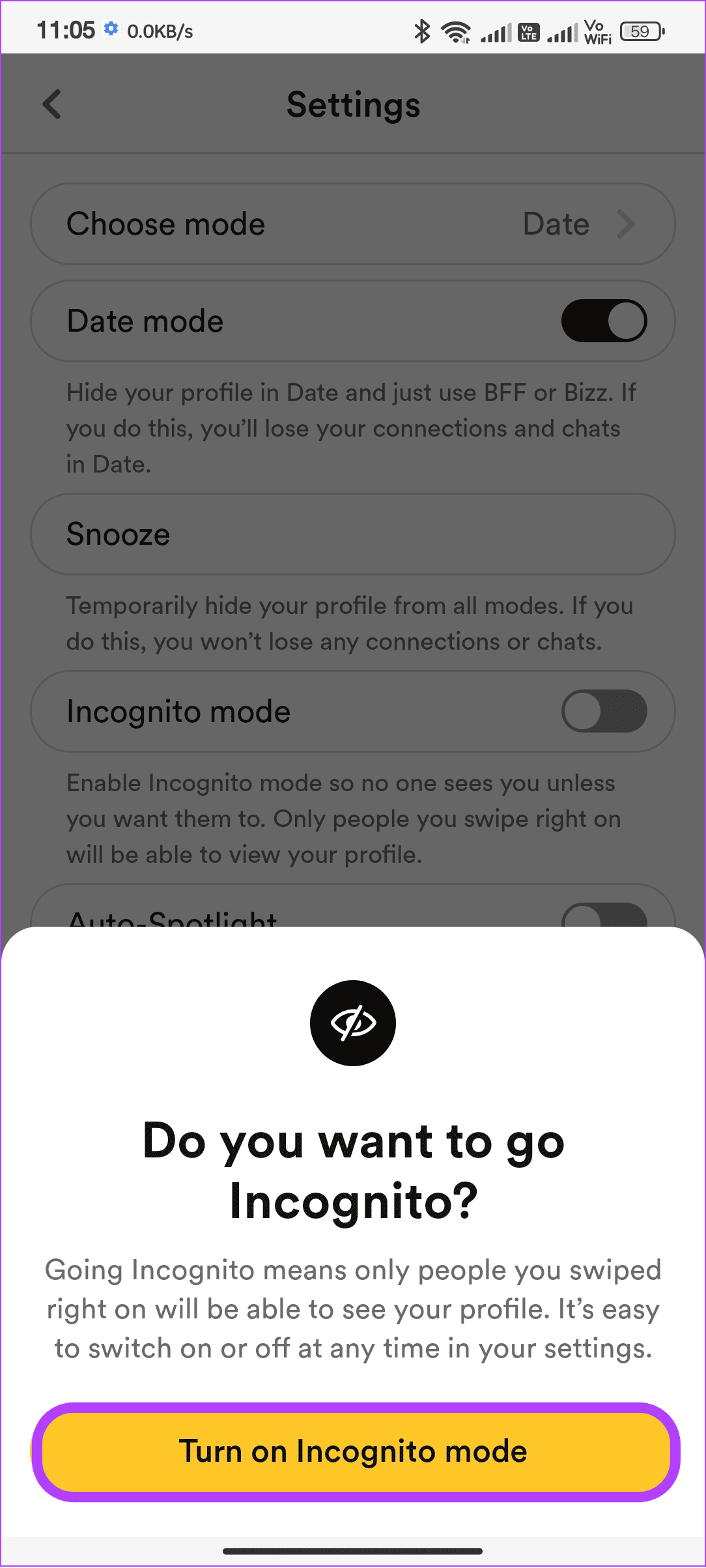 Choose turn on incognito mode
