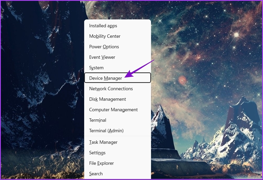Choosing Device Manager from Power user Menu