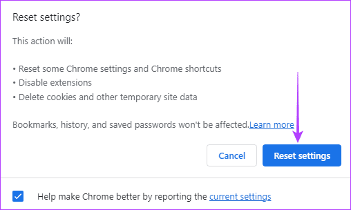 Chrome reset settings button