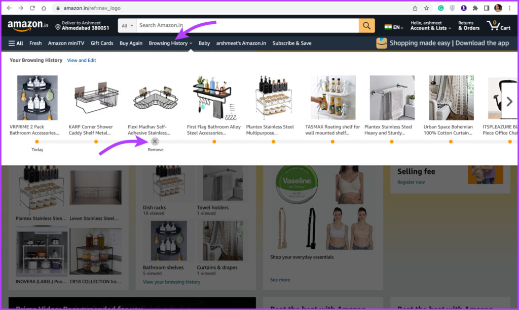Click x to clear Amazon browsing history