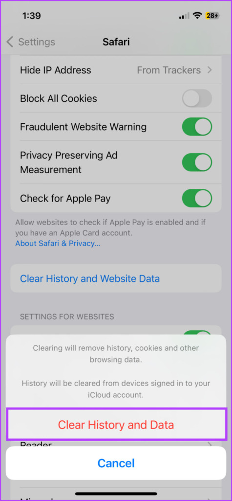 Tap Clear History and Data