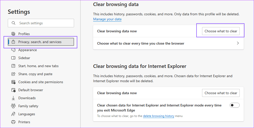 Clear browsing Data Edge Windows