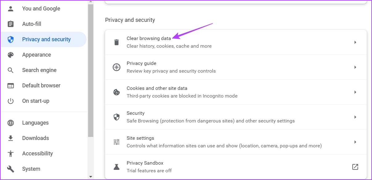 Clear browsing data option of Chrome