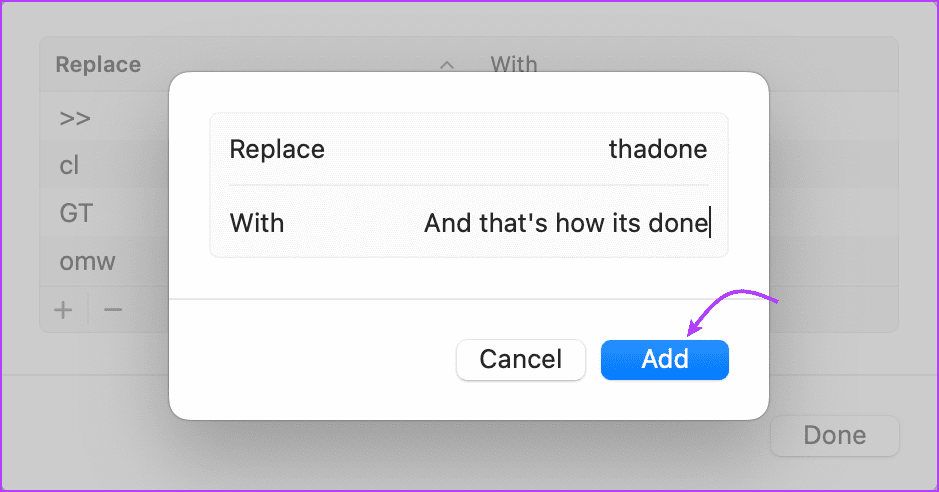 Click Done to save text replacement on Mac
