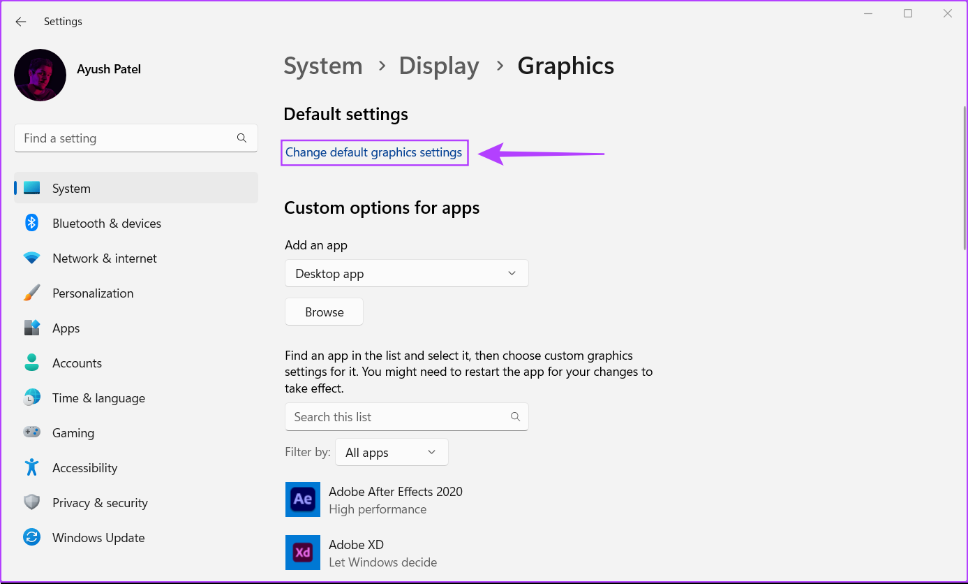 Click on the blue 'Change Default Graphics Settings' option in Windows 11
