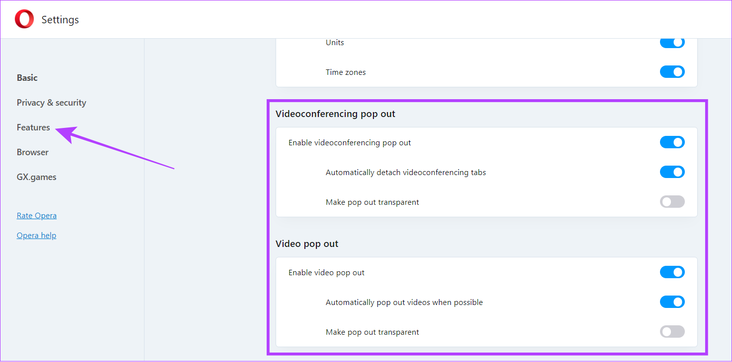 Click features and scroll down to video conferencing and video pop out