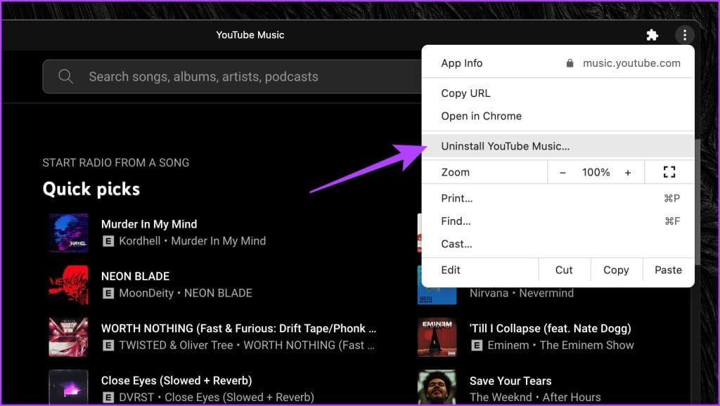 Click on the three dot icon in the top right corner. Now select Uninstall YouTube Music
