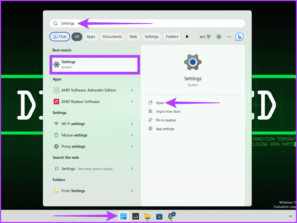 Click the Windows icon type Settings and choose Open