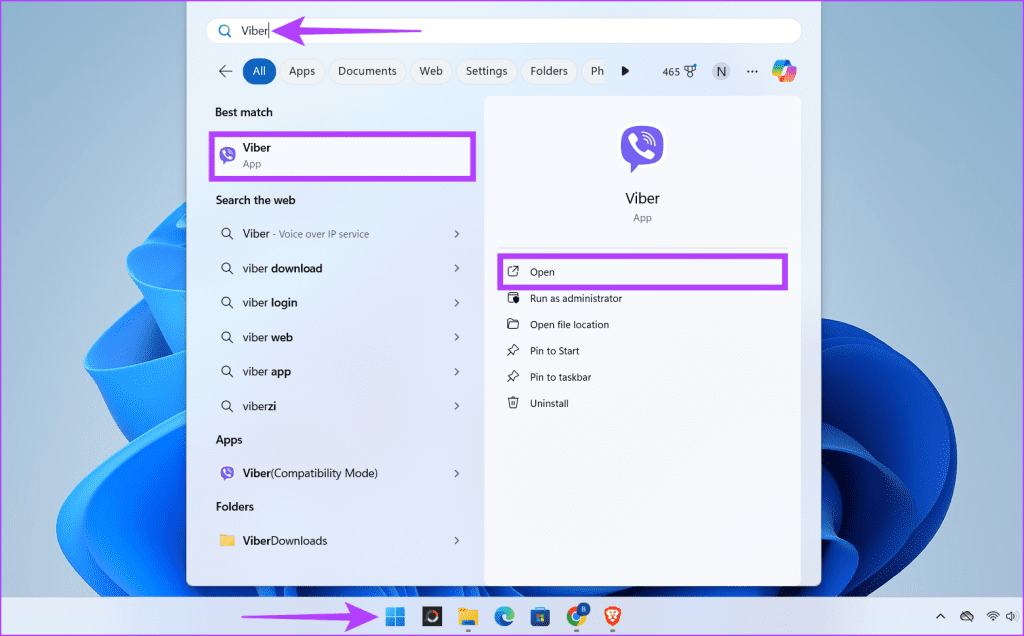 Click the Windows icon type Viber in the search box and click Open