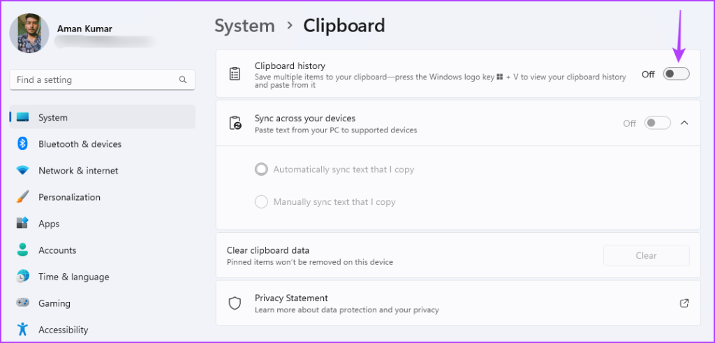 Clipboard history option in  Settings