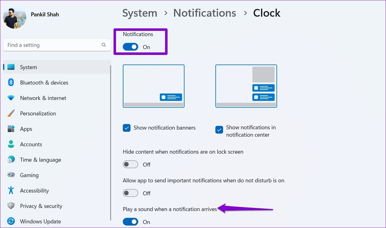 Clock App Notification Settings in Windows