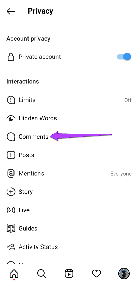 Comments Settings on Instagram App