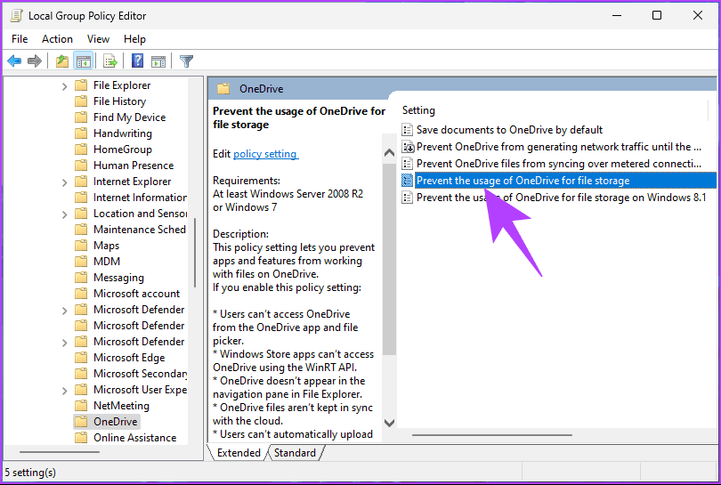 double-click ‘Prevent the usage of OneDrive for file storage.’