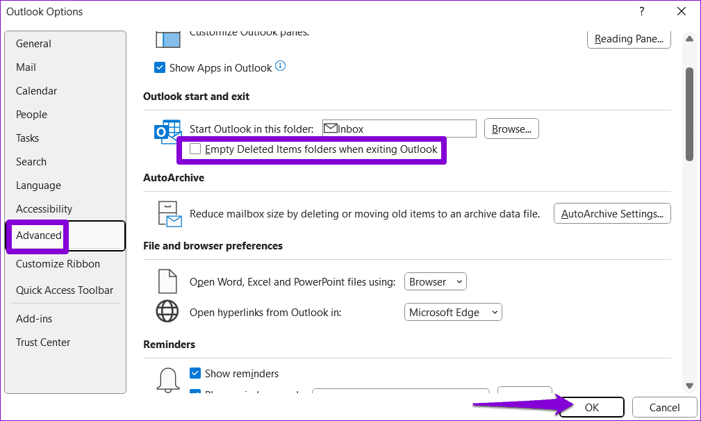 Configure Outlook to Empty Deleted Items on Restart