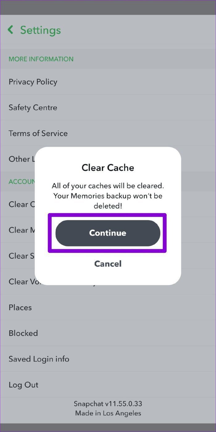 Confirm Clear Cache on Snapchat