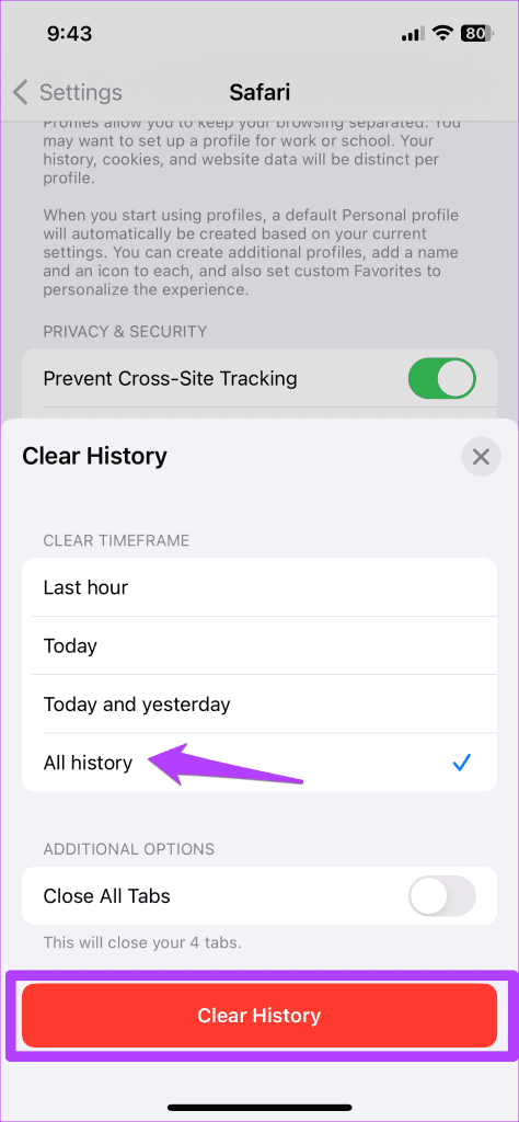 Confirm Clear History and Website Data in Safari for iPhone