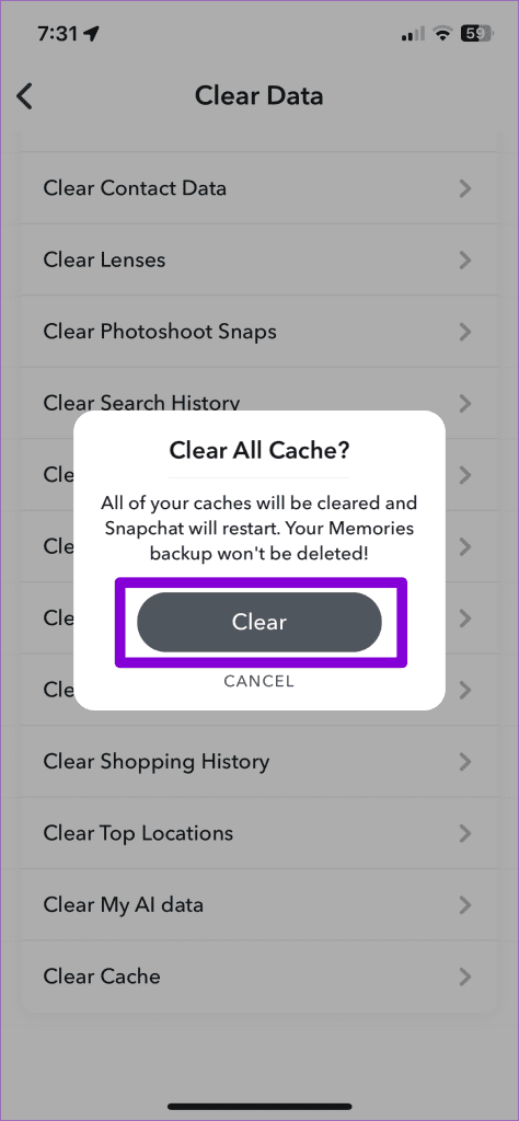 Confirm Clear Snapchat Cache on iPhone