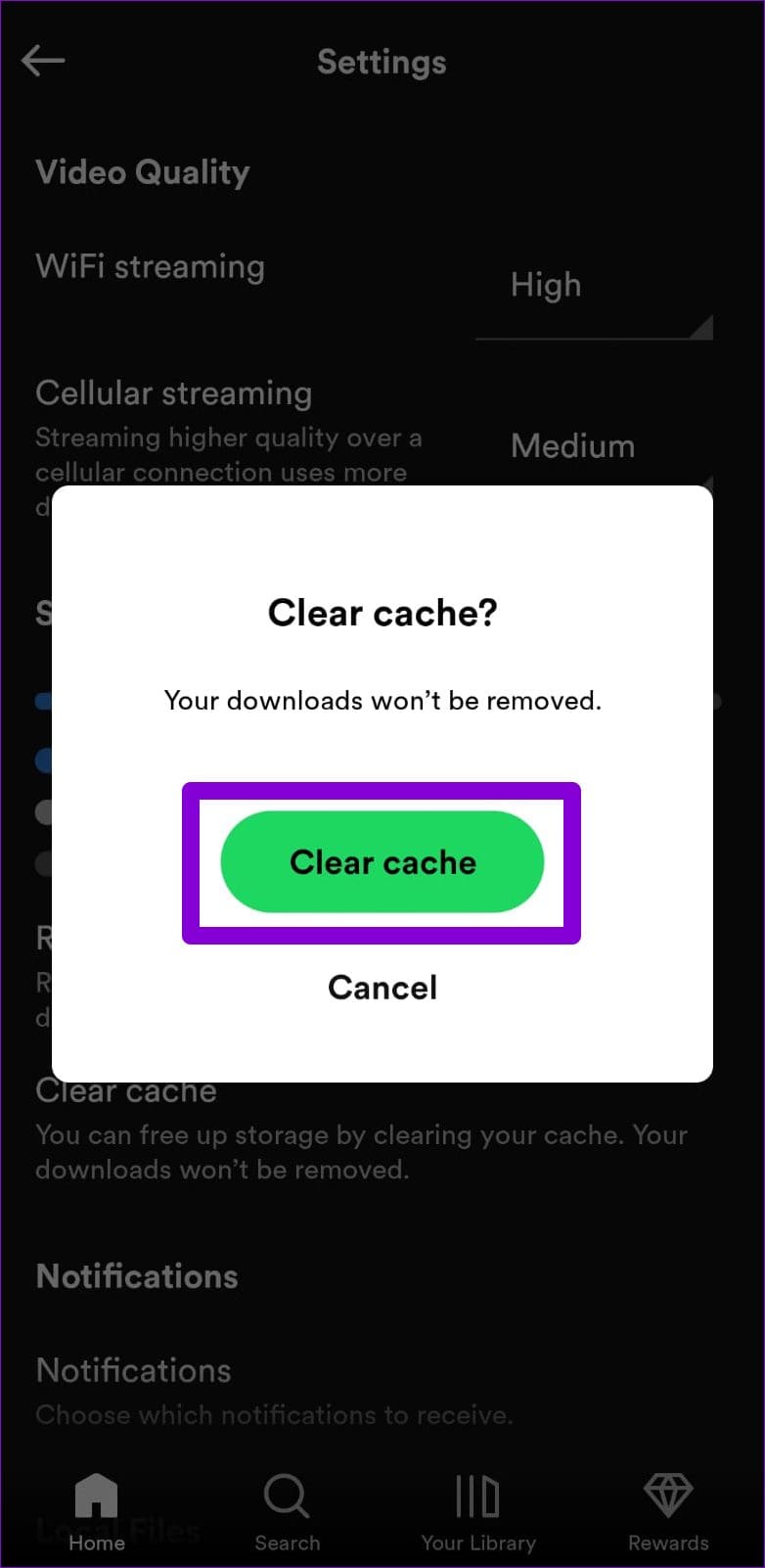 Confirm Clear Spotify Cache on Mobile