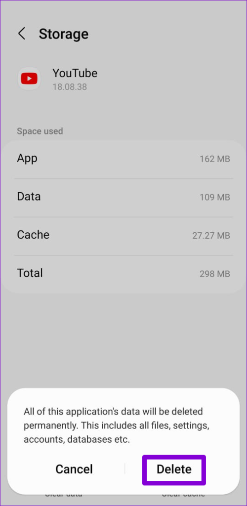 Confirm Clear YouTube App Data on Android