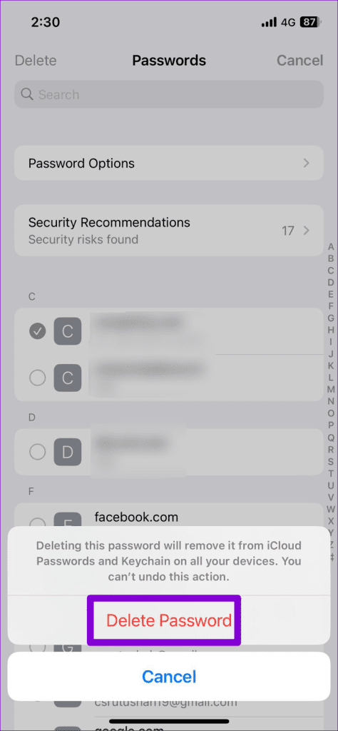 Confirm Delete Saved Passwords on iPhone