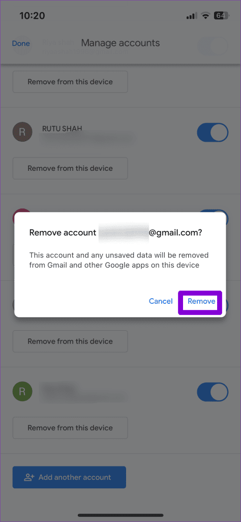 Confirm Remove Account From Gmail App on iPhone