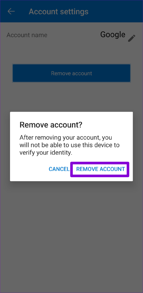 Confirm Remove Account to Microsoft Authenticator